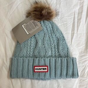 Hunter Light Blue Knit Beanie with Faux Fur Pom Pom